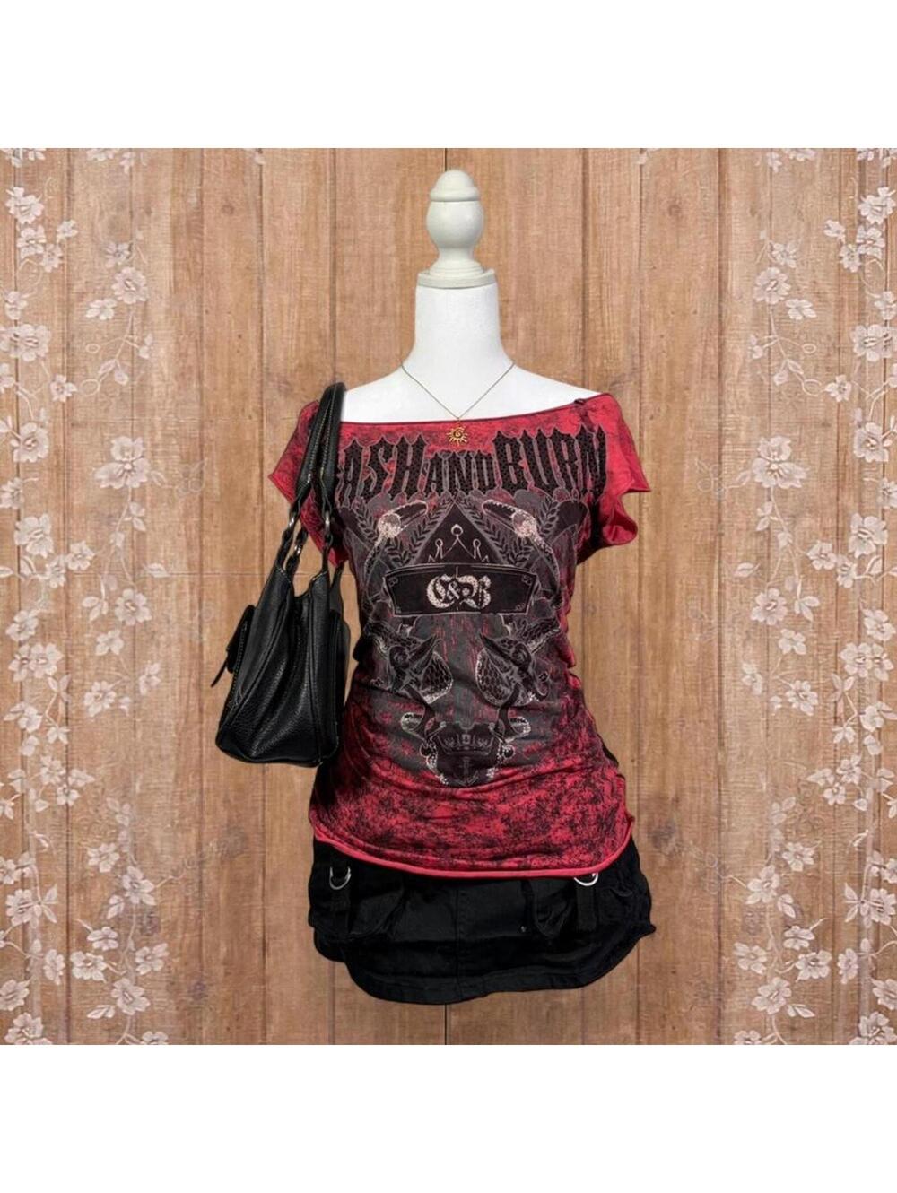 Crash & Burn Red Acid Wash Graphic Top